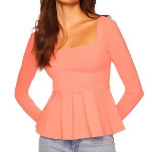 NEW Susana Monaco Square Neck Long Sleeve Peplum Top Lotus Small